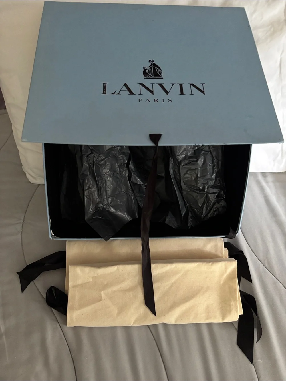 Lanvin Bronze Ankle Strap Pump w/original box, wrapping and 2 Cream Dust Bags
